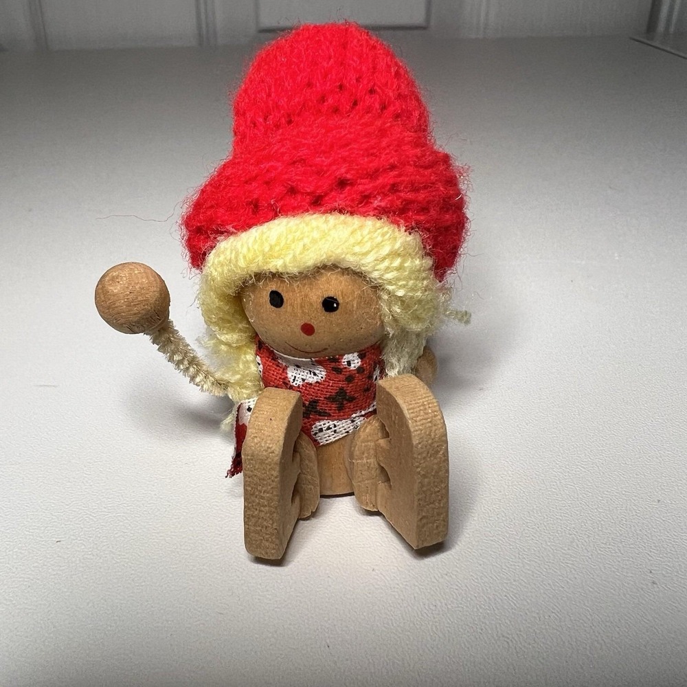 Vintage Wooden Christmas Ornament Little‎ Blonde Girl  w Red Crochet Hat 1960s